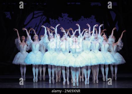 Hamburg, Deutschland. 09. Februar 2023. Tänzer als „wans“ tanzen während einer Fotoprobe von John Neumeiers Ballett „Illusions - Like Swan Lake“ auf der Bühne der Staatsoper. Das Hamburger Ballett feiert die Wiederbelebung von John Neumeiers Ballettklassiker am 11. Februar. Dies ist die fünfte Wiederbelebung des Stücks seit seiner Premiere im Jahr 1976. Kredit: Christian Charisius/dpa/Alamy Live News Stockfoto