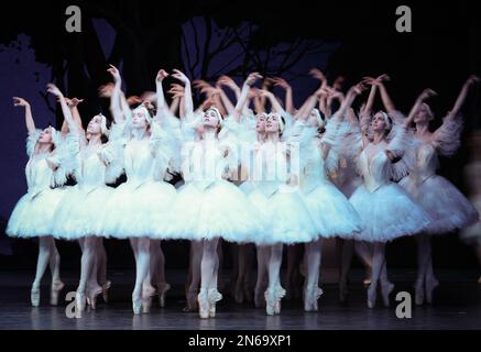 Hamburg, Deutschland. 09. Februar 2023. Tänzer als „wans“ tanzen während einer Fotoprobe von John Neumeiers Ballett „Illusions - Like Swan Lake“ auf der Bühne der Staatsoper. Das Hamburger Ballett feiert die Wiederbelebung von John Neumeiers Ballettklassiker am 11. Februar. Dies ist die fünfte Wiederbelebung des Stücks seit seiner Premiere im Jahr 1976. Kredit: Christian Charisius/dpa/Alamy Live News Stockfoto