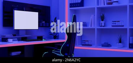 Moderner Computertisch mit RGB-Lampen, PC-Mockup mit weißem Bildschirm, Spieletastatur, Spielstuhl und Inneneinrichtung. 3D Render, 3D illust Stockfoto
