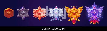 Fantasy-Sechseckrahmen von Avataren. Mit Holz-, Stein-, Bronze-, Silber- und Goldabzeichen mit Stern, Lorbeerrändern, Edelsteinen, Kronen und rotem Wimpel, Stock Vektor