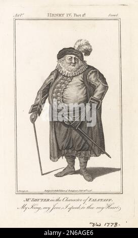 Mr. Shuter in der Rolle von Falstaff in William Shakespeares König Heinrich IV., Teil 2, Covent Garden Theatre, 11. Dezember 1761. In Plumperkappe, Rüschkragen, Reitmantel, gepolstertem Dubletten, Kniebundhosen und Stiefeln, Mit Schwert und Stock. Edward Shuter, 1728-1776, englischer Comic und Witze. Copperplate-Gravur nach einem Porträt von Thomas Parkinson aus John Bell's Edition of Shakespeare, London, 19. Februar 1776. Stockfoto