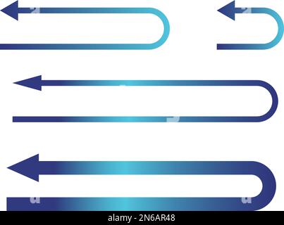 Blauer Abstufungspfeil für U-Drehung gesetzt. Ein Satz von kurzen, langen, dünnen und dicken Pfeilen. Stock Vektor