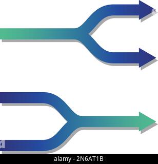Blaue und grüne verzweigte Pfeile und Pfeile zum Verbinden. Ein Pfeil, der eine Gabelung in der Straße oder eine zusammenlaufende Straße darstellt. Stock Vektor
