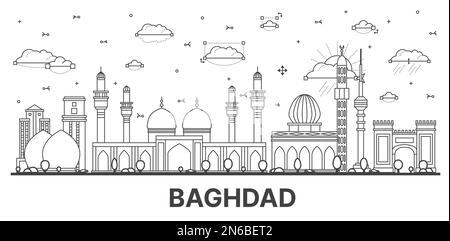 Umreißen Sie die Skyline von Bagdad Iraq City mit historischen Gebäuden, isoliert auf White. Vektordarstellung. Bagdad Stadtbild mit Wahrzeichen. Stock Vektor