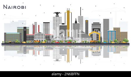 Die Skyline von Nairobi Kenia mit farbigen Gebäuden und Reflexionen, isoliert auf Weiß. Vektordarstellung. Geschäftsreisen und Konzept. Stock Vektor