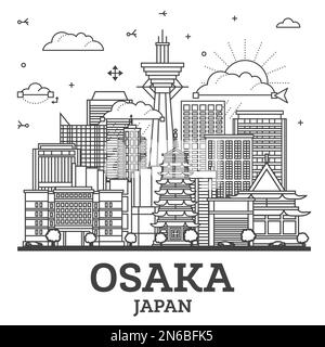 Skizzieren Sie die Skyline von Osaka Japan City mit modernen Gebäuden, die auf Weiß isoliert sind. Vektorgrafik. Stadtbild von Osaka mit Wahrzeichen. Stock Vektor