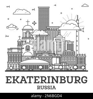 Umreißen Sie die Skyline von Jekaterinburg Russland mit modernen Gebäuden, isoliert auf Weiß. Vektordarstellung. Jekaterinburger Stadtbild mit Wahrzeichen. Stock Vektor