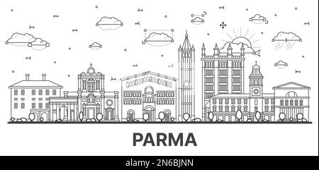 Umreißen Sie die Skyline von Parma Italy mit historischen Gebäuden, isoliert auf Weiß. Vektordarstellung. Parma Stadtlandschaft mit Wahrzeichen. Stock Vektor