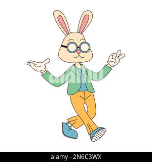 Toller Hippie Happy Ostern-Charakter. Osterhase im modischen Retro-60s 70s-Cartoon-Stil. Stock Vektor