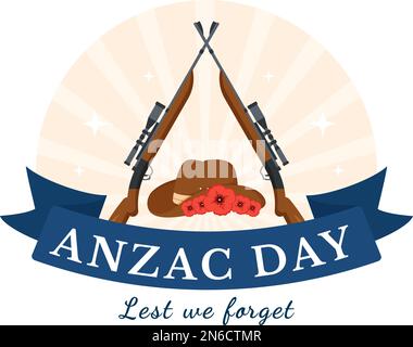 Anzac Day of Lest We Forget Illustration mit Remembrance Soldier Paying Respect und Red Poppy Flower in Flat Hand Drawn für Landing Page Templates Stock Vektor