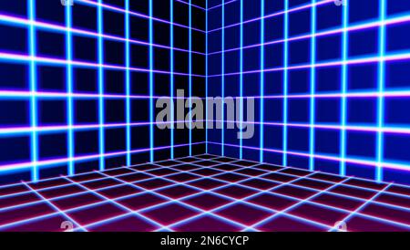 Neon-Zimmerecke mit 80s-Laser-Raster im Synthwave-Stil. 3D Innenraum mit Drahtmodell Neonwänden. Stock Vektor