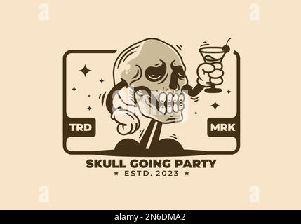 Charakterabzeichen eines Schädelkopfes mit einem Weinglas Stock Vektor