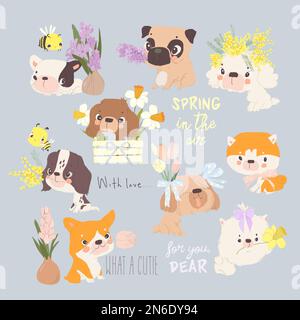 Zeichentrickset mit lustigen Welpen und Frühlingsblumen Stock Vektor