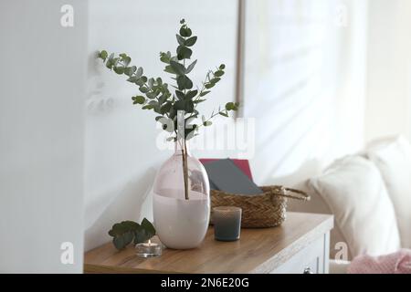 Vase mit frischen Eukalyptusästen auf Schrank im Zimmer. Innendesign Stockfoto