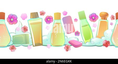 Shampoos und Seifen mit dem Duft von Blumen. Nahtlos horizontal. Cartoon-Style. Reinigungsmittel zum Waschen von Körper und Gegenständen. Schäumende Hygieneflüssigkeit Stock Vektor