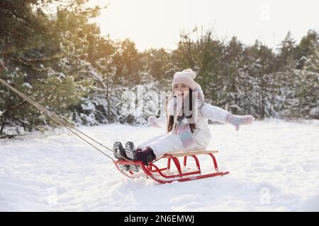 Süßes kleines Mädchen, das am Wintertag eine Schlittenfahrt im Freien genießt Stockfoto