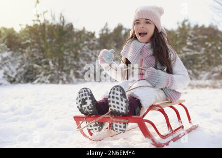 Süßes kleines Mädchen, das am Wintertag eine Schlittenfahrt im Freien genießt Stockfoto