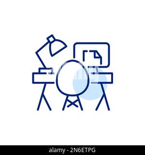 Heimbüro für Arbeit oder Studium. Eleganter Stuhl, Lampe und pc-Monitor. Pixelgenaue, bearbeitbare Konturlinie Stock Vektor