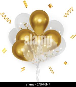Realistische goldene und transparente Vektorballons mit Konfetti Stock Vektor