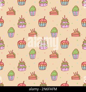 Süße Cupcakes und Muffins mit nahtlosem Muster. Abbildung eines flachen Vektors Stock Vektor
