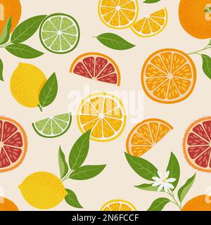 Tropisches Nahtmuster mit gelber Zitrone, Orange, Limette und Grapefruit. Zitrusfrüchte-Hintergrund. Vektorabbildung für Druckgewebe oder Hintergrundbild Stock Vektor