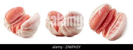 Geschälte Pomelo-Früchte in verschiedenen Winkeln, Zitrus maxima, Tropfen- oder birnenförmige große asiatische Zitrusfrüchte, isoliert auf weißem Hintergrund, Sammlung Stockfoto