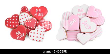 Set mit verschiedenen köstlichen herzförmigen Keksen auf weißem Hintergrund, Draufsicht. Valentinstag Stockfoto