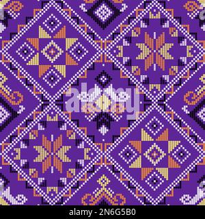 Filipino traditionelle Yakan-Tapeten mit nahtlosem Vektormuster – geometrische Verzierungen, die perfekt für das Textil- oder Stoffmuster auf dem violetten Hintergrund geeignet sind Stock Vektor