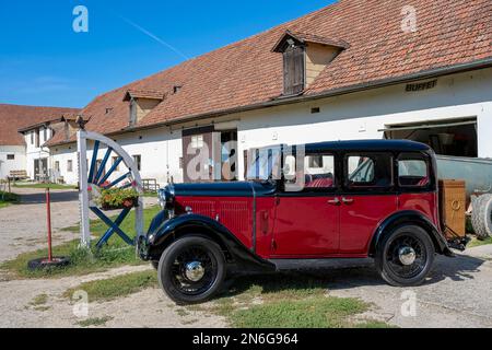 Oldtimer Hillman Minx Baujahr 1933, 3 Gänge, 1.185 cm Hubraum, 4 Zylinder, 30 ps, 950 kg Gewicht, Österreich Stockfoto