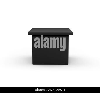 Eine 3D-Darstellung eines schwarzen Würfelpodiums, isoliert auf weißem Hintergrund Stockfoto