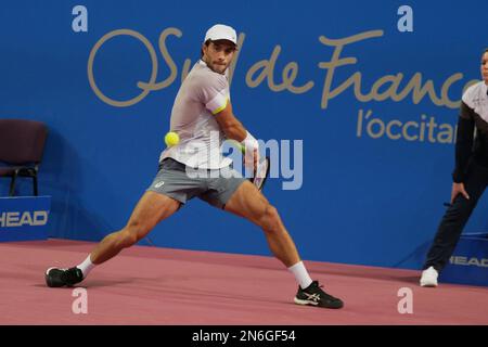 Montpellier, Frankreich - 09/02/2023, Borna Coric (CRO) im Kampf gegen Arthur Rinderknech (FRA) während des Open Sud de France 2023, ATP 250 Tennis Turnier am 9. Februar 2023 in der Sud de France Arena in Pérols bei Montpellier, Frankreich - Photo Patrick Cannaux / DPPI Stockfoto