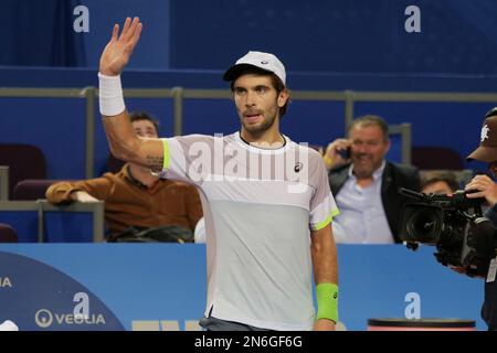 Montpellier, Frankreich - 09/02/2023, Borna Coric (CRO) im Kampf gegen Arthur Rinderknech (FRA) während des Open Sud de France 2023, ATP 250 Tennis Turnier am 9. Februar 2023 in der Sud de France Arena in Pérols bei Montpellier, Frankreich - Photo Patrick Cannaux / DPPI Stockfoto