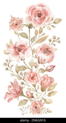Rosafarbener antiker Rosenbügel, Bouquet mit beigen und blassen Blumen, cremiger Blumendruck, Pfingstrosen und beige Blätter, handgezeichnete Aquarelle für die Hochzeit Stockfoto