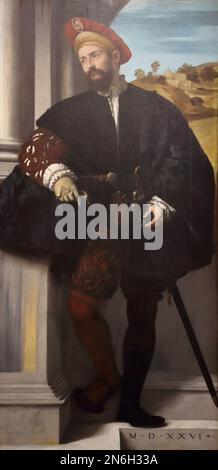 Porträt eines Mannes vom italienischen Renaissance-Maler Moretto da Brescia in der National Gallery, London, Großbritannien Stockfoto