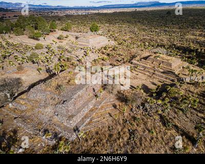 Luftaufnahme der mesoamerikanischen Ausgrabungsstätte Cantona, Puebla, Mexiko Stockfoto