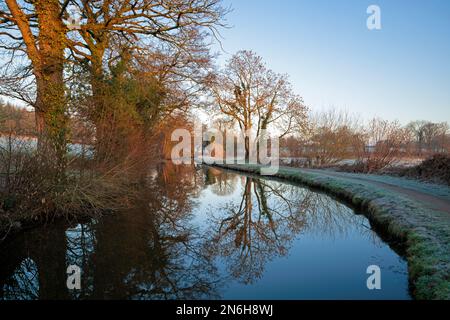 Wintersonnenaufgang am Brecon und Monmouthshire Canal, in der Nähe von Abergavenny. Stockfoto