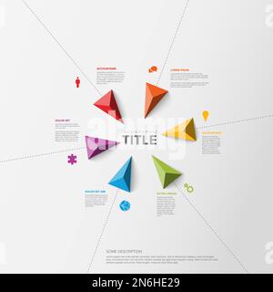 Infografik-Vorlage für Vektoren mit Titel und sechs dreieckigen Zeigerelementen, die mit dem Infografiktitel in die Mitte führen. Mehrzweck Stock Vektor
