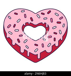 Retro-Valentinstag-Ikone mit Donut und Herzform. Liebessymbol im modischen Pop-Line-Art-Stil. Die süßen Schokoladenherzen sind zart rosa, rot Stock Vektor