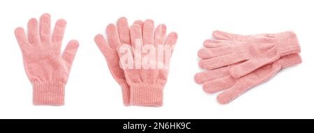 Set pinkfarbener Wollhandschuhe auf weißem Hintergrund. Bannerdesign Stockfoto