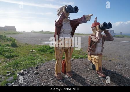 Hölzerne Figuren mit Blick auf das Meer, Nebel, Holz, Varanger Halbinsel, Vardoe, Finnmark, Norwegen Stockfoto