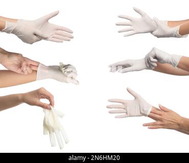 Die richtige Art, medizinische Handschuhe auszuziehen. Collage mit Fotos von einer Frau, die den Prozess auf weißem Hintergrund zeigt, Nahaufnahme Stockfoto