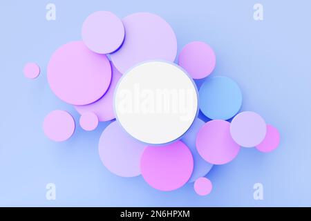Weißer runder Rahmen mit 3D-Darstellung für Text auf farbenfrohem Hintergrund mit vielen Kreisen. Stockfoto