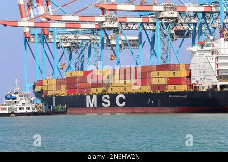 Haifa, Israel - 11. Oktober 2021: MSC Mega Containerschiff legte im Schiffshafen Haifa an. Stockfoto