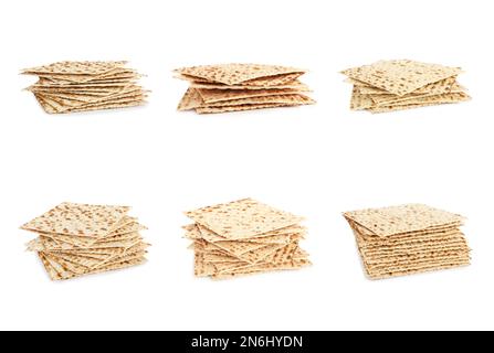 Set mit Passover-Matten auf weißem Hintergrund. Pesach-Feier Stockfoto
