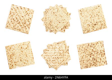 Set mit Passover-Matten auf weißem Hintergrund, Draufsicht. Pesach-Feier Stockfoto