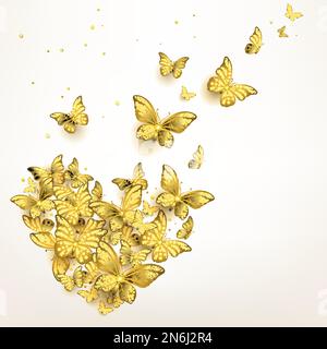 Dekorative goldene Schmetterlinge sitzen in einer Herde in der Form eines Herzens auf hellem Hintergrund Stock Vektor