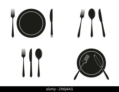 Besteck, Gabel, Löffel, Messer, Geschirr Vektorsymbole setzen Zeichnung nach Illustration auf weißem Hintergrund Stockfoto