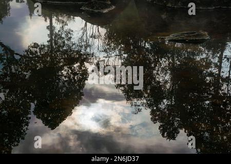 Eine ruhige Szene der Wasserspiegelung in natürlichen heißen Quellen des Sonnenaufgangs am Morgen mit Bäumen im Wald im Chae Son Nationalpark in der Provinz Lampang Stockfoto