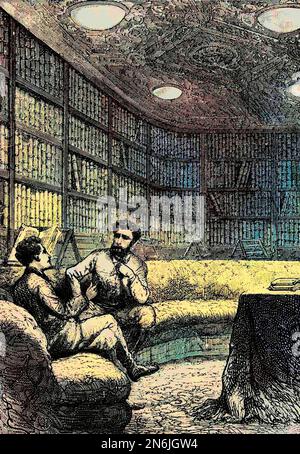 Le professeur Aronnax et le capitaine Nemo dans la bibliotheque du navire le Nautilus, Gravure tiree de '20000 lieues sous les mers' de Jules Verne, 19e Siecle - Professor Aronnax mit Kapitän Nemo in der Bibliothek der Nautilus , Gravur aus einer Ausgabe des Romans „Twenty Thousand Leagues under the Sea“ aus dem 19. Jahrhundert von Jules Verne Stockfoto