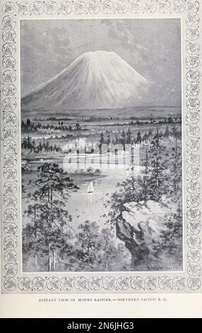 Fernblick auf Mount Rainier Northern Pacific R.R. Ein Berggipfel im Zentrum von Washington; höchster Gipfel der Cascade Range aus der Artikel-berühmten Landschaft auf American Railroads vom Engineering Magazine, DAS DEM INDUSTRIELLEN FORTSCHRITT GEWIDMET ist Band IX April bis September 1895 NEW YORK The Engineering Magazine Co Stockfoto